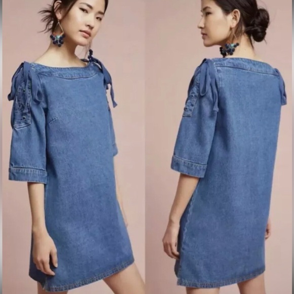 Maeve Dresses & Skirts - Maeve Anthropologie Denim Lace Up Open Shoulder Shift Dress